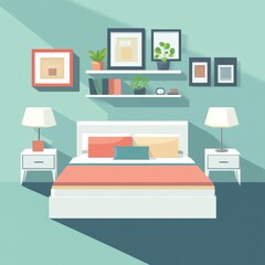 Poster - Modern bedroom interior with a white bed, two nightstands with lamps, and a shelf with plants and books.