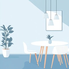 Canvas Print - Modern dining room interior with white table and chairs, potted plant, and hanging pendant lights.