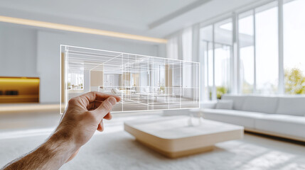 an architect or interior designer using augmented reality to plan a room layout, showing a digital overlay on a real room