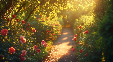 Sticker - Blossoming roses line a sunlit garden path in the early evening light