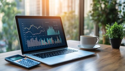 Poster - A laptop displaying financial graphs on a wooden table with a coffee cup and calculator, suggesting a business environment.