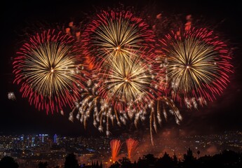 Wall Mural - Golden and red fireworks spreading across the sky, with city lights twinkling in the background