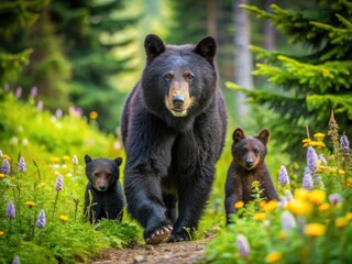 A large, fluffy black bear mama walked beside her two adorable cubs, exploring a serene forest surrounded by lush greenery and vibrant wildflowers.