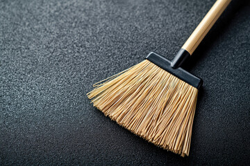 Close-up of a broom with straw bristles on a textured surface, ideal for cleaning and household imagery.