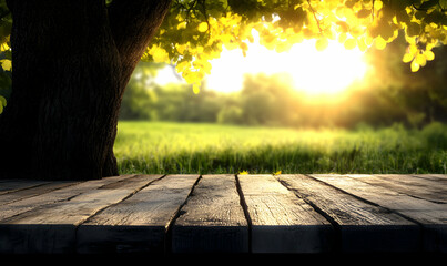 Sticker - Wooden table with blurred background of a sunny forest.