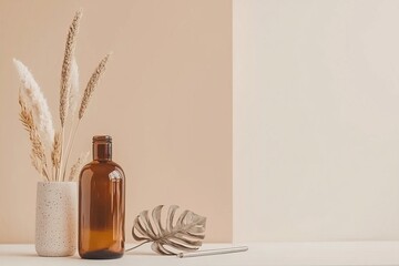 Decorative still life installation with brown glass vessel, dried lotus, monstera leaf and gypsum objects against white and terracotta wall background, copy space.