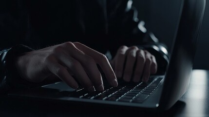 Hacker typing on laptop computer keyboard when launching cyberattack against victim security protection. Hacking, identity theft, phishing, virus and cyber threat concept.