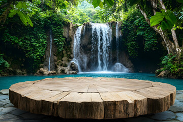 Wall Mural - Wooden log platform in front of cascading waterfall in lush tropical jungle.