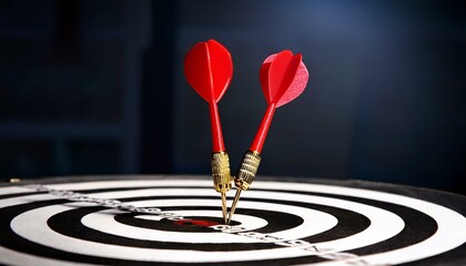 Two red darts hit the bullseye on a dartboard. A symbol of success and achievement