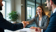 © Ali Hamza Tullah - Happy mid aged business woman manager handshaking at office meeting. Smiling female hr hiring recruit at job interview, bank or insurance agent, lawyer making contract deal with client at work.