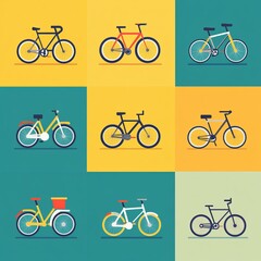 Nine colorful bicycle illustrations on a yellow and green background.