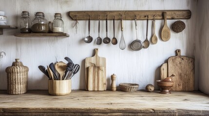 wooden rustic kitchen table. minimalistic interior, utencils on the table