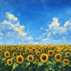 Wall Mural - Oil painting of a field of sunflowers under a blue sky with white clouds.