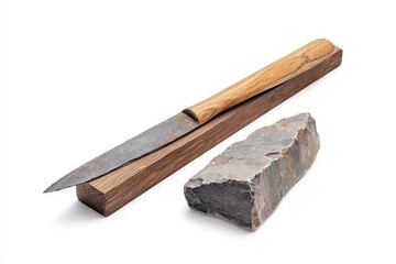 A rustic knife placed on a wooden block beside a stone, showcasing tools for crafting and preparation in natural settings.