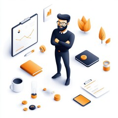 Poster - A confident businessman surrounded by tools of productivity and analytics in a modern, vibrant workspace.