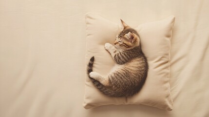 Serene Cat Lounging on Plush Pillow in Tranquil Cream Setting, Exuding Comfort and Relaxation