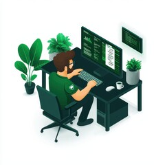 Aufkleber - A person working at a desk with plants, using a computer to code or analyze data in a modern workspace setting.