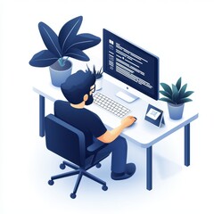 Aufkleber - A stylish workspace with a person sitting at a desk, coding on a computer, surrounded by plants and modern decor.