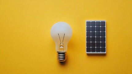 Wall Mural - Illuminated LED Light Bulb and Solar Panel Demonstrating Sustainable Home Energy Use on Vibrant Yellow Background