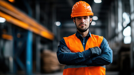 Wall Mural - A construction worker in a hard hat and orange vest crosses his arms confidently, standing in a factory or industrial setting.