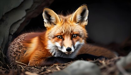 Wall Mural - Serene close-up of a young red fox peacefully napping in its natural habitat