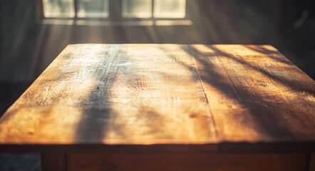 Poster - Sunlight illuminating a rustic wooden table in a cozy indoor setting during the late afternoon