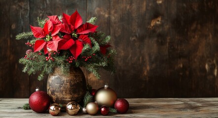 Poster - Festive holiday arrangement with red poinsettias and ornaments on a rustic wooden surface