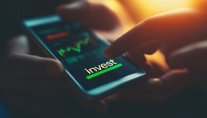 Poster - A close-up of a smartphone displaying an investment app, with a finger poised to select the 