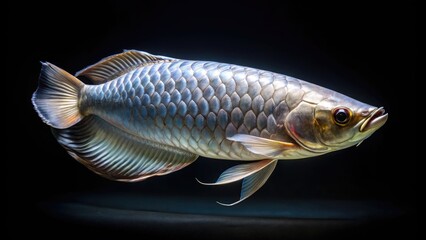 A Silver Arowana Fish Swimming In A Clear Aquarium With A Black Background, Showcasing Its Elongated Body And Shimmering Scales.