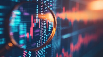 Poster - A close-up view of a stock market graph under a magnifying glass, illustrating financial data analysis.