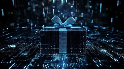 Christmas digital gift with blue neural connection lines and glowing dots, background, copy space, holographic binary.