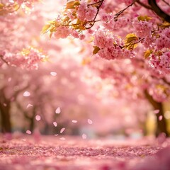 Canvas Print - Pink Cherry Blossoms Falling On Ground.