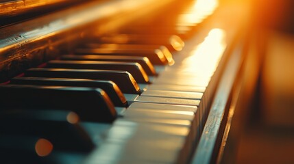 Close up of piano keyboard with blurred sunlight background.