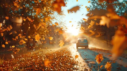 A car drives through a scenic autumn road with falling leaves illuminated by a warm sunset, capturing the essence of fall season beauty.