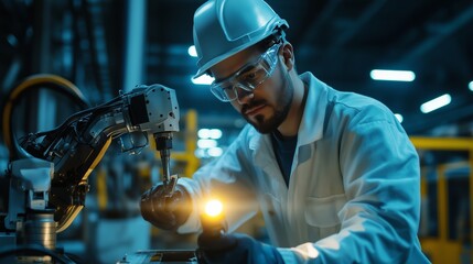 Poster - engineer working meticulously with a robotic arm in a modern manufacturing facility during nighttime
