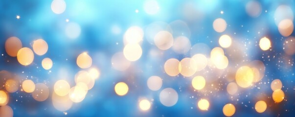Poster - Glowing bokeh lights on a blue background, festive abstract design. Celebration and holiday concept