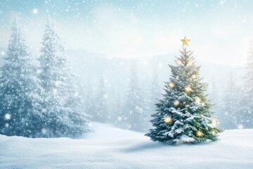 Snowy Christmas Tree with Golden Star and Lights in Winter Wonderland