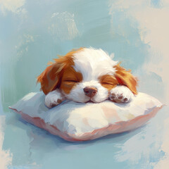 A cute digital illustration of puppy sleeping on pillow, radiating warmth and comfort