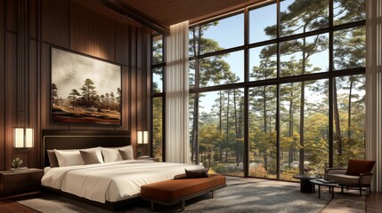 Wall Mural - Luxurious bedroom suite with large glass windows