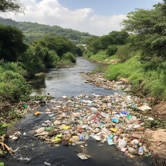 Plastic waste pollutes a narrow river in a rural landscape.