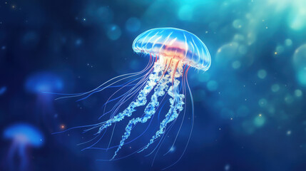 A jellyfish floating gracefully in the open ocean, with its tentacles trailing behind.