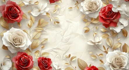 Wall Mural - Elegant arrangement of red and white roses with gold accents on a floral background