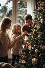 A family of three decorates a Christmas tree together, creating a warm and festive atmosphere