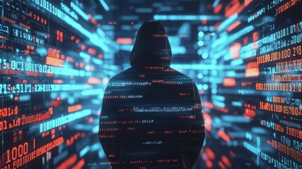 Aufkleber - an unrecognizable hacker stands in a black hoodie. two images of immersive data protection interface