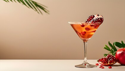 Wall Mural - Refreshing pomegranate martini cocktail on a minimalist beige background, ideal for summer beverage inspiration and creative design ideas