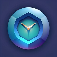 A futuristic. stylized clock icon. featuring a hexagonal face within a blue. spherical casing.