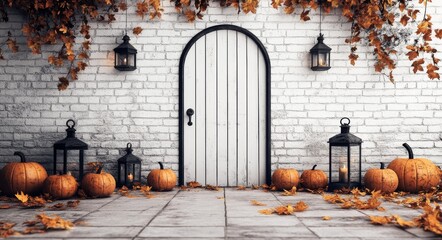 Poster - Autumn decorations with pumpkins and lanterns against a white brick wall