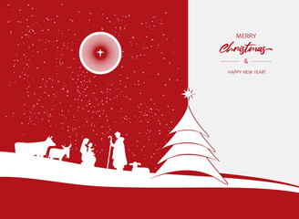 Wall Mural - Greeting card or banner Merry Christmas and Happy New Year. Minimalist style. Silhouettes of Jesus Christ, Mary, Joseph and animals on a white and red background