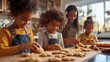 © keetazalay - A multicultural family baking Thanksgiving cookies together, kids decorating with autumn-themed icing in a modern kitchen