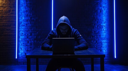 Poster - this illustration illustrates a hacker on a dark background sitting in front of a laptop, stealing d